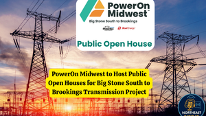 Power lines at sunset with PowerOn Midwest logo. Text: "Public Open House for Big Stone South to Brookings Transmission Project."