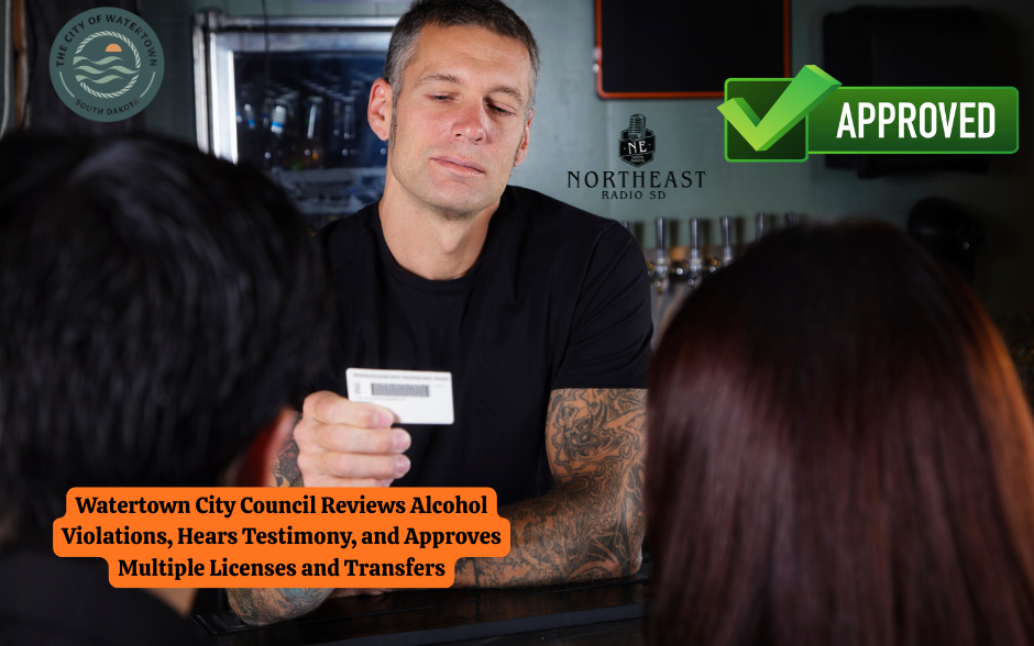 Man examines an ID card at a bar; backdrop has logos, a green "Approved" checkmark, and text on council meeting about licenses.