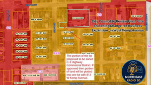 Zoning map with red and yellow highlights marks areas for potential commercial expansion on West Kemp Avenue. Text notes city council review.