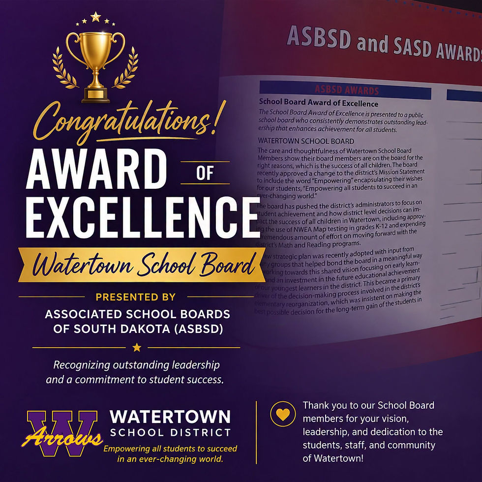 Poster for ASBSD and SASD Award of Excellence honoring Watertown School Board, with gold trophy, purple background, and congratulations.