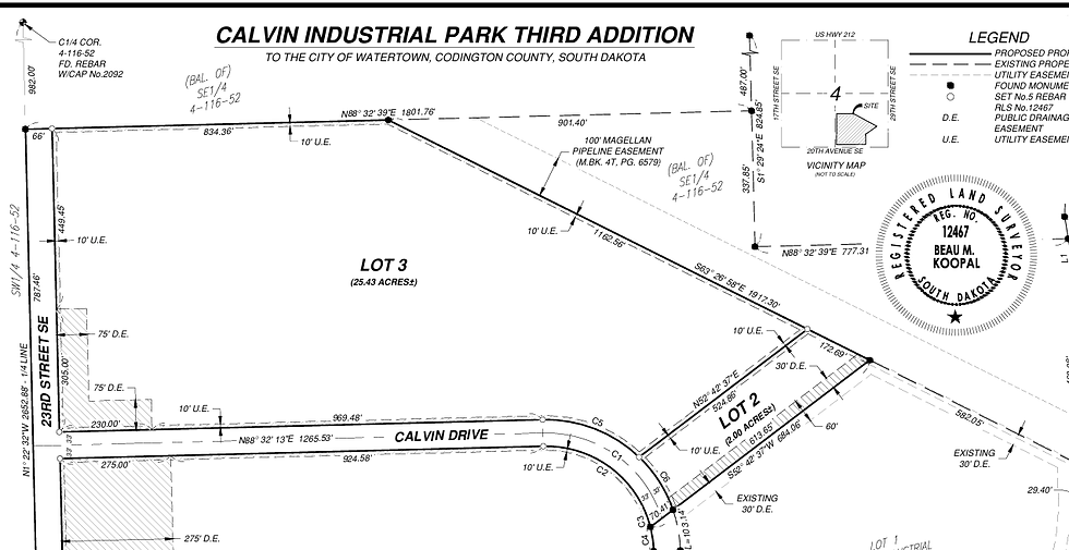 Black-and-white plat map of Calvin Industrial Park Third Addition, showing Lot 3, Lot 2, Calvin Drive, easements, and survey notes.