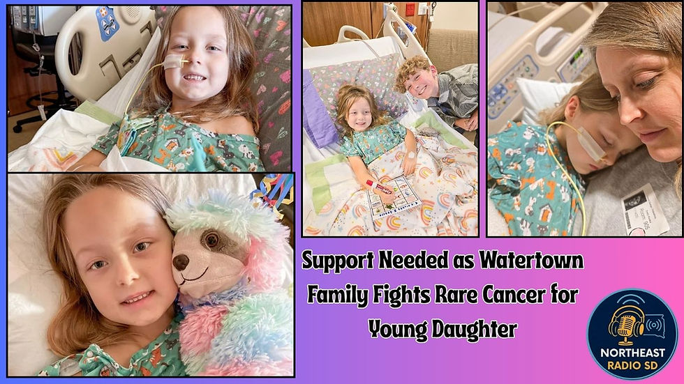 Child in hospital bed with rainbow blanket, wearing nasal tube, alongside family members. Text: Support Needed for Watertown Family.