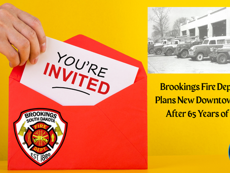 Hand holding red envelope with "YOU'RE INVITED." Brookings Fire Dept. plans new station. Vintage fire trucks in black-and-white photo.