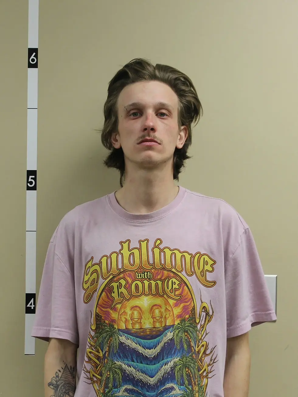 Young man with tousled hair in a pink "Sublime with Rome" shirt stands against a beige wall with height markers, looking serious.
