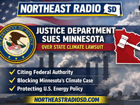 Justice Department sues Minnesota over climate lawsuit. Background: smokestacks, American flag. Text: citing federal authority, blocking case.