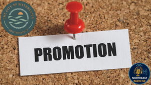 Corkboard with a white note pinned by a red thumbtack, reading "PROMOTION." Watertown and Northeast Radio logos are visible.