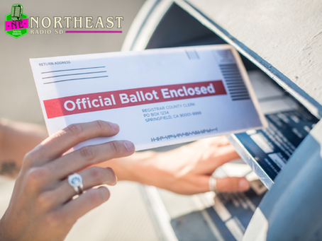 Hands insert an Official Ballot Enclosed envelope into a mailbox, with the Northeast Radio SD logo and bright sunlight.
