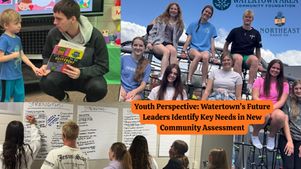 A collage shows a person reading to a child, teens sitting outdoors, and young people writing on posters. Text: "Youth Perspective: Watertown’s Future Leaders Identify Key Needs in New Community Assessment."