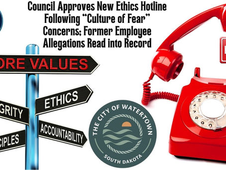Red rotary phone labeled "HOTLINE," signpost with "Core Values" and Watertown logo. Text discusses new ethics hotline approval.