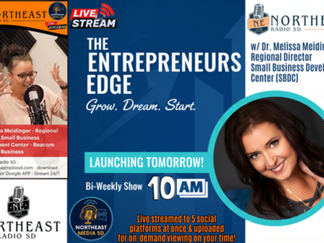 Radio promo for "The Entrepreneurs Edge" with Dr. Melissa Meidinger, airing bi-weekly at 10 AM. Blue theme, live stream details shown.