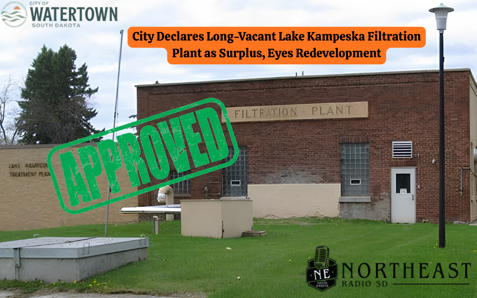Old brick filtration plant with "Approved" stamp. City of Watertown text above. Lush trees in background. Cozy redevelopment mood.
