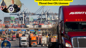 Trucks at a busy shipping port, with an inset of a man speaking at a podium. Text: South Dakota Faces $13 Million Threat Over CDL Licenses.