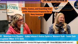 Two women smile and talk in a radio studio. Text: "Grills, Games, and Guarding Your Gold: Watertown Prepares for a Busy Summer." Watertown Chamber sign visible.