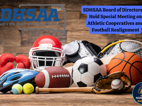Sports gear on wooden surface, including helmet, balls, and gloves. Text: SDHSAA meeting on athletic cooperatives and realignment.