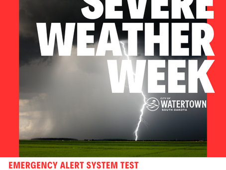 Stormy sky with lightning over a green field. Text: Severe Weather Week, Watertown SD. Alert test April 17, 2026, 9:45 AM. Red border.