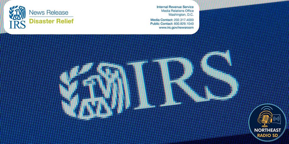 IRS News Release titled "Disaster Relief" showing contact info. Blue screen with IRS logo. Northeast Radio SD logo in corner.