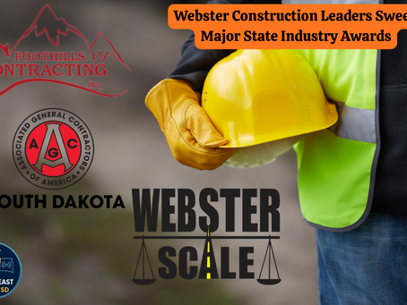 Person in safety gear holding yellow hard hat, surrounded by construction logos and text: "Webster Construction Leaders Sweep Major State Industry Awards."