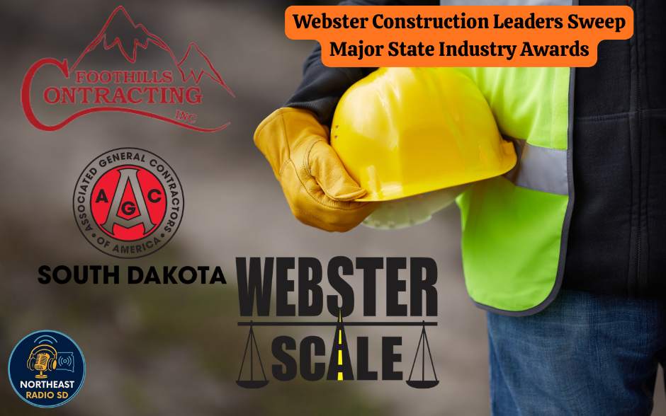 Person in safety gear holding yellow hard hat, surrounded by construction logos and text: "Webster Construction Leaders Sweep Major State Industry Awards."