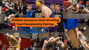 Wrestlers engage in a heated match at a state championship. Text reads "SDHSAA Announces State Wrestling Dual Championship Pairings."