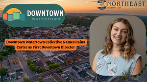 Smiling woman over cityscape background. Text: Downtown Watertown Collective Names Raina Carter as First Downtown Director.