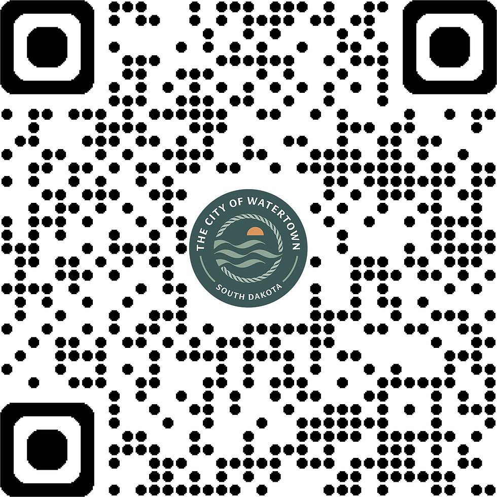 QR code with the City of Watertown, South Dakota seal. Seal features waves and a sunset, with green and orange colors.
