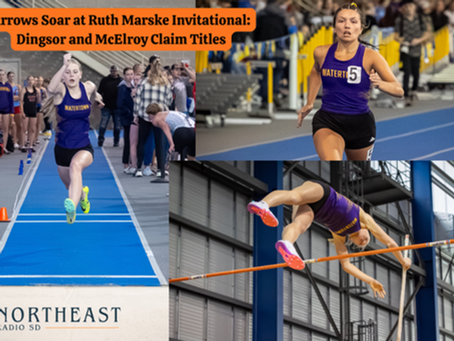 Athletes compete in track and field at Ruth Marske Invitational. Actions include long jump, sprinting, and pole vault. "Watertown" uniforms.