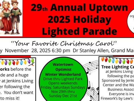 Flyer for 29th Annual Uptown 2025 Holiday Lighted Parade. Includes event details, fireworks info, tree lighting, colorful lights, and festive clipart.