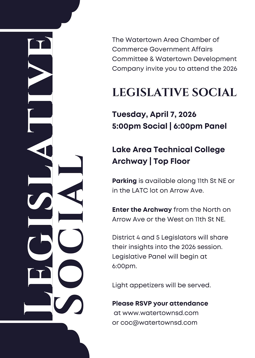 Invitation flyer for a Legislative Social on April 7, 2026, at 5pm. Includes event details, parking info, and RSVP instructions. Navy text on white.