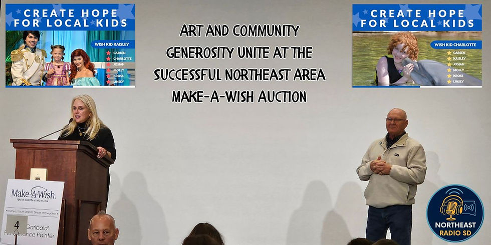 Speaker at a podium with "Make-A-Wish" logo. Text behind reads "Art and Community Generosity." Two banners show kids and "Create Hope."