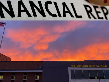 Financial Report headline above Watertown High School with a dramatic sunset sky. Northeast Radio SD logo and U.S. flag visible.