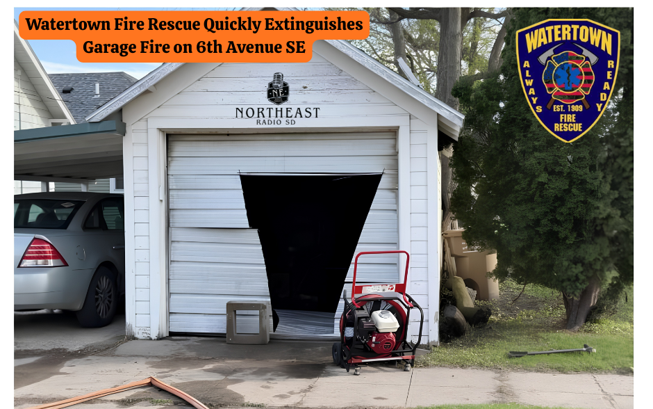 White garage with damaged door, fire equipment outside. Text: "Watertown Fire Rescue Quickly Extinguishes Garage Fire on 6th Avenue SE."