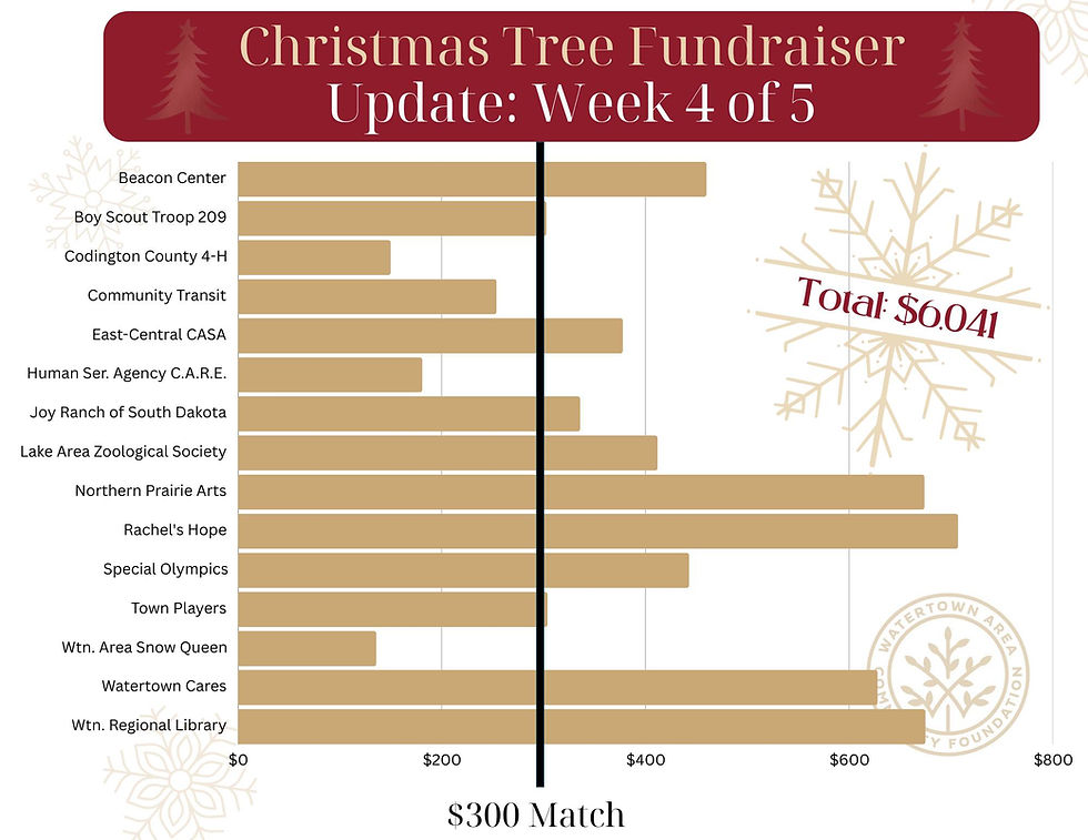 Bar chart for Christmas Tree Fundraiser, Week 4 of 5. Various groups' progress shown. Total $6,041. Background has snowflake design.