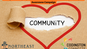 Torn paper revealing "COMMUNITY" text, surrounded by a red heart. Header text on opioid awareness; logos of Northeast Radio SD and Codington Connects.
