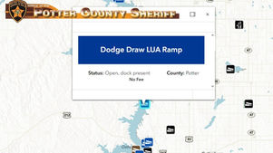 Map with a pop-up for Dodge Draw LUA Ramp, showing it's open with no fee. The Potter County Sheriff’s logo is at the top.