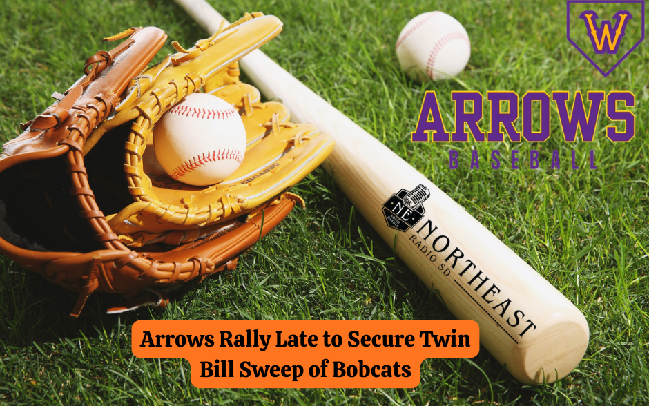 Baseball glove and bat on grass. Two balls, "Arrows Baseball" logo. Text: "Arrows Rally Late to Secure Twin Bill Sweep of Bobcats."