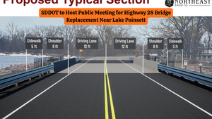 Proposed bridge section image showing lane widths with text: "SDDOT to Host Public Meeting for Highway 28 Bridge Replacement Near Lake Poinsett."