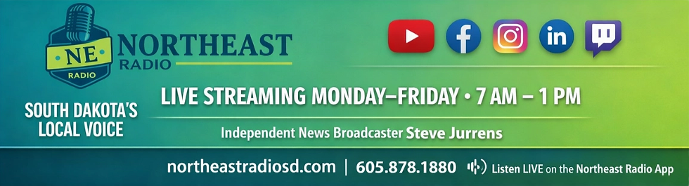 Northeast Radio banner with social icons, live streaming Monday–Friday 7 AM–1 PM, South Dakota’s local voice.