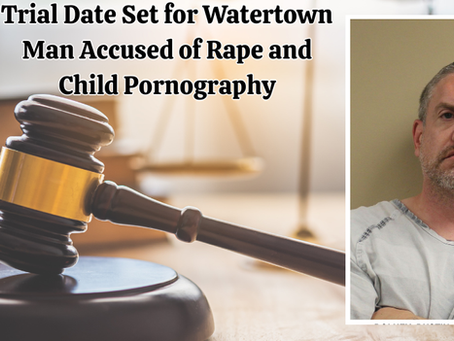 Gavel on table, beside photo of serious-looking man in white shirt. Text: "Trial Date Set for Watertown Man Accused of Rape and Child Pornography." Northeast Radio SD logo in corner.