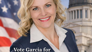 Smiling woman in a navy blazer with an American flag and dome building background. Text reads "Vote Garcia for Senate District 5".