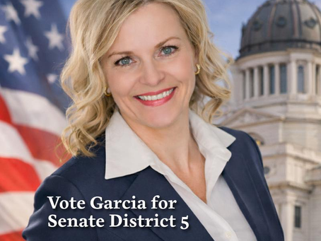 Smiling blonde woman in navy suit before U.S. flag and capitol dome, with text Vote Garcia for Senate District 5