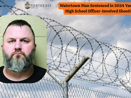 A man’s mugshot is superimposed on barbed wire under a cloudy sky. Text reads: "Watertown Man Sentenced in 2024 Yankton Shooting."