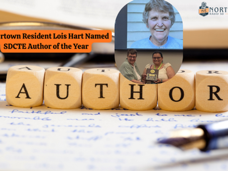 Graphic with AUTHOR blocks and headline Watertown Resident Lois Hart Named SDCTE Author of the Year, plus her portrait and award photo.