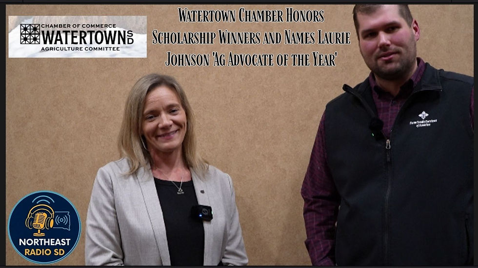 Two people stand smiling against a beige wall. Text: "Watertown Chamber honors Laurie Johnson 'Ag Advocate of the Year'." Northeast Radio SD logo visible.