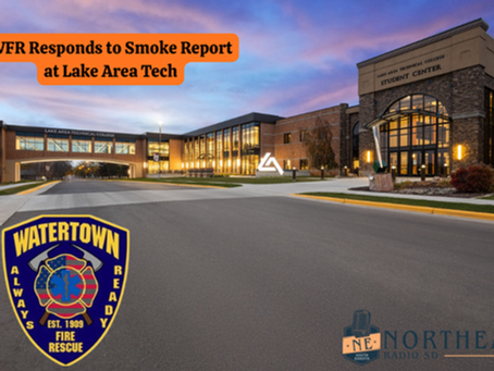 Watertown Fire responds to smoke report at Lake Area Tech. Image of the Student Center at dusk with badges and logos visible.