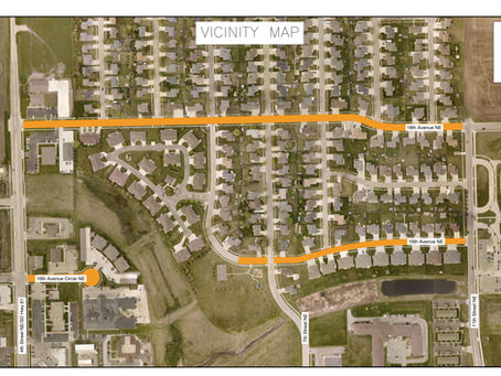 Aerial vicinity map of a neighborhood, with orange route lines labeled 18th Avenue NE and 16th Avenue NE over houses and streets.