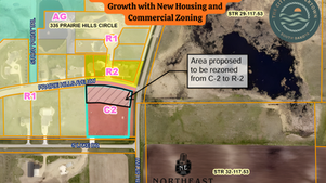 Map showing zoning changes in Watertown, SD. Area to rezone from C-2 to R-2. Includes streets, colored zones, and city logo.