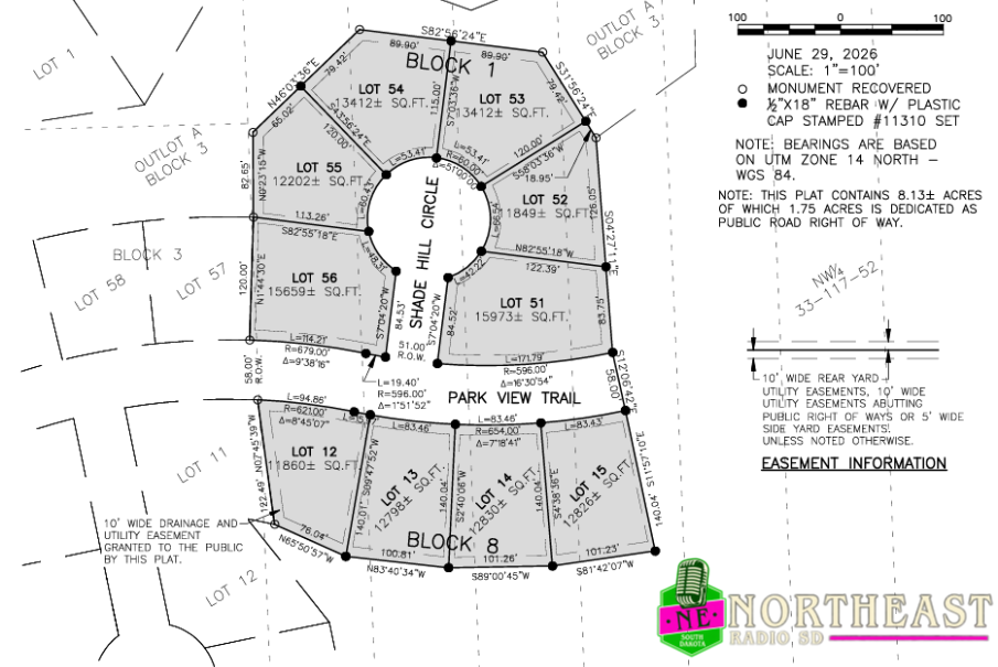 Plat map of lots around Shade Hill Circle and Park View Trail, with easement notes, June 29, 2026, and Northeast Radio logo.