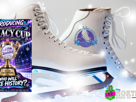 White figure skates with WFSC logo beside a Watertown Classic Legacy Cup poster reading Introducing, Team Champions, Who Will Make History?