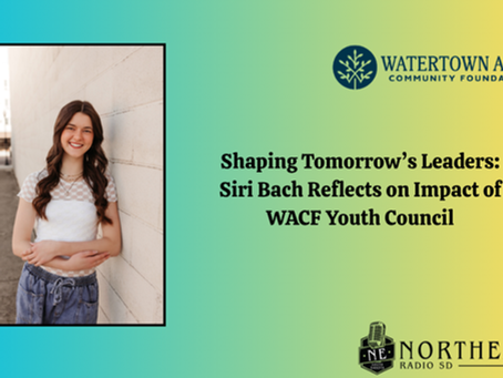 Smiling woman leans against a wall; text reads "Shaping Tomorrow's Leaders" with logos for Watertown Area Community Foundation and Northeast Radio SD.