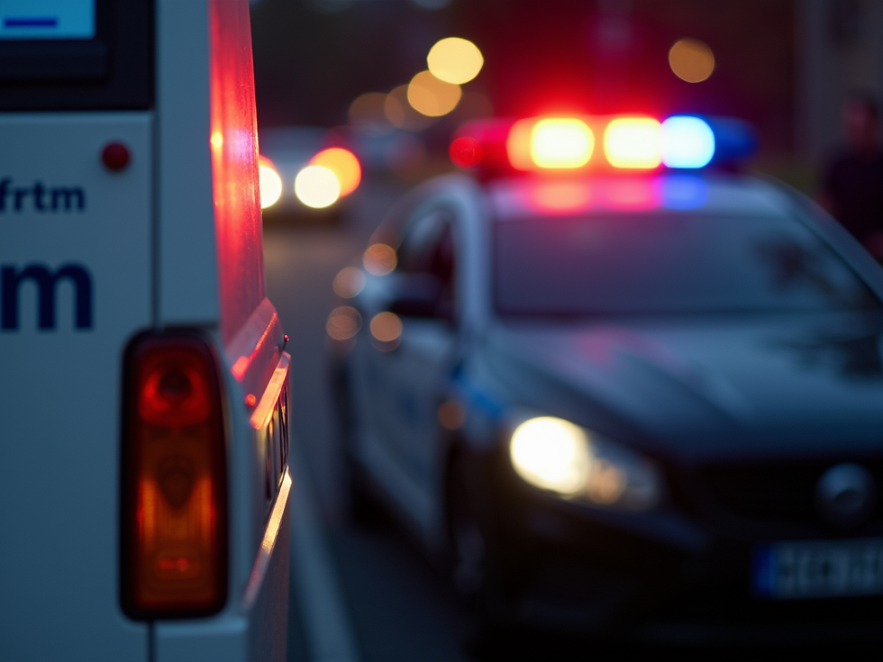 Blurred police car with flashing red and blue lights beside an ambulance on a dark city street at night.